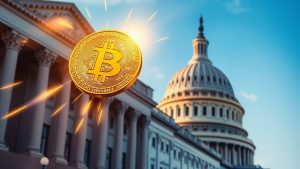 Bitcoin coin rising towards US Capitol building.